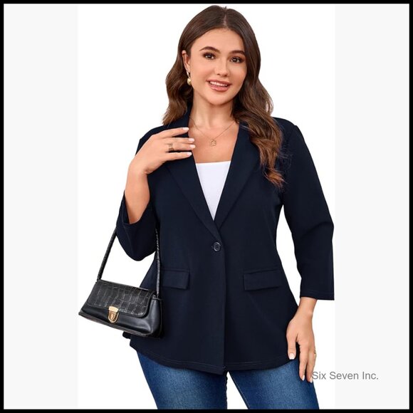 Plus Size Polyester Blazer Lapel Open Front Long Sleeve Business Casual